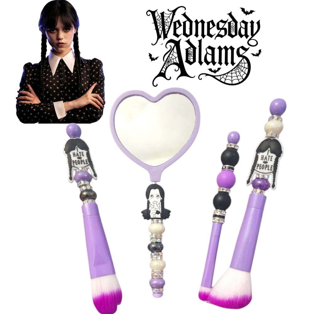 Wednesday Addams Gothic Purple Rhinestone Makeup Brush Set With Heart Mirror